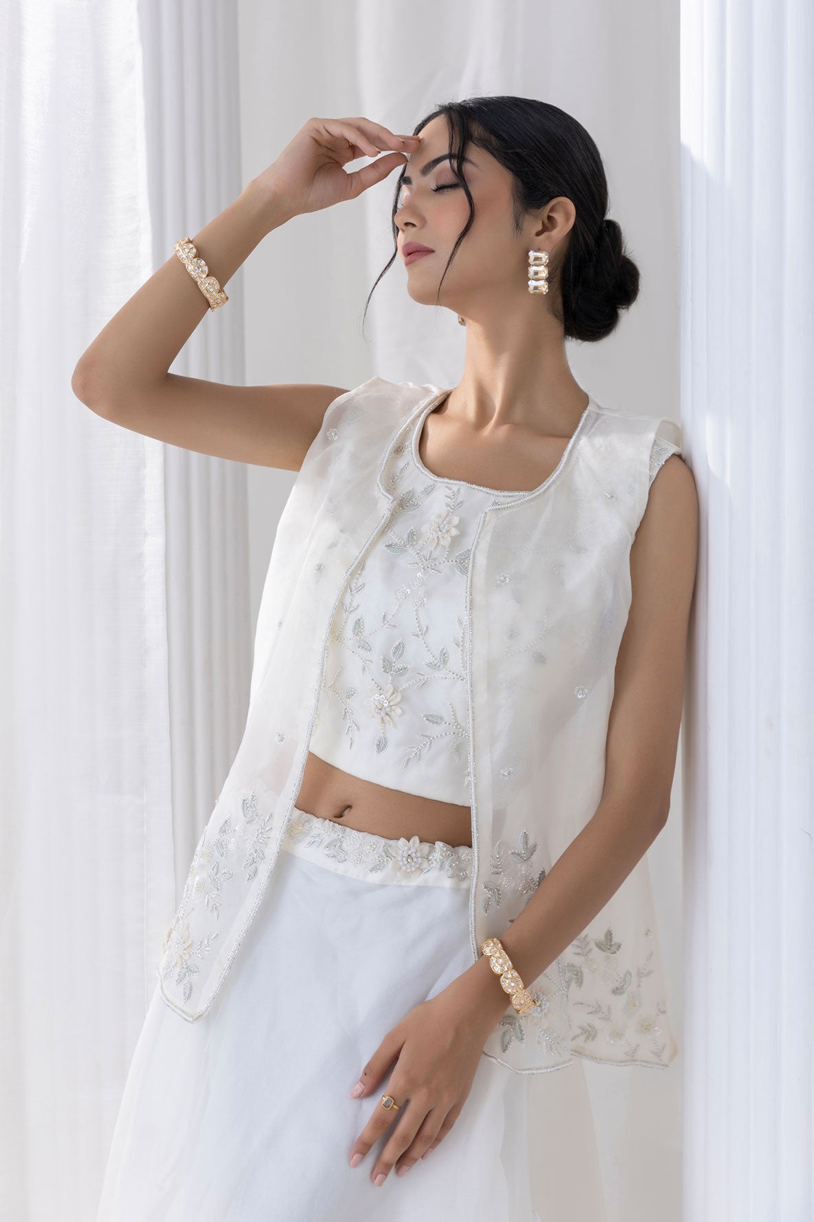 Pearl White Silk Draped Skirt Set With Cape