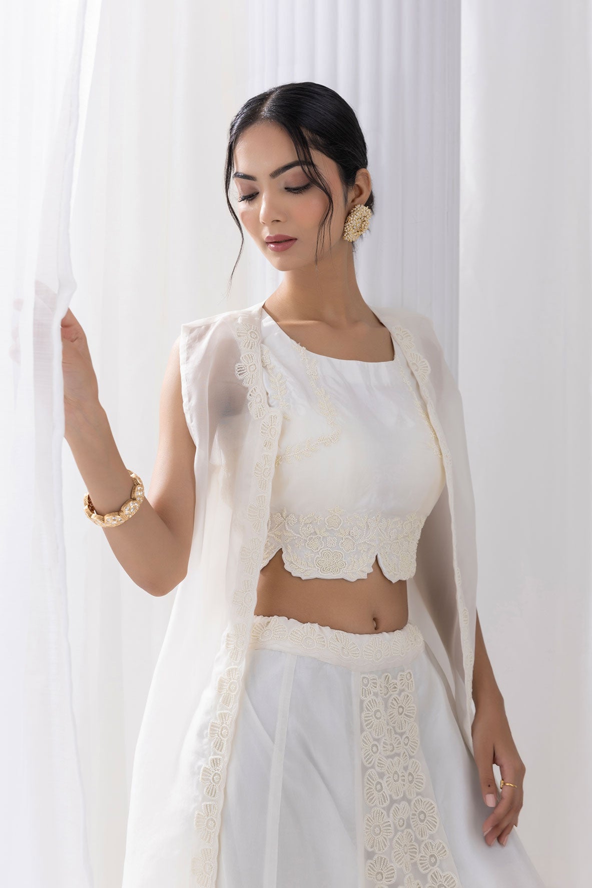 Pearl White Silk Draped Skirt Set With Cape
