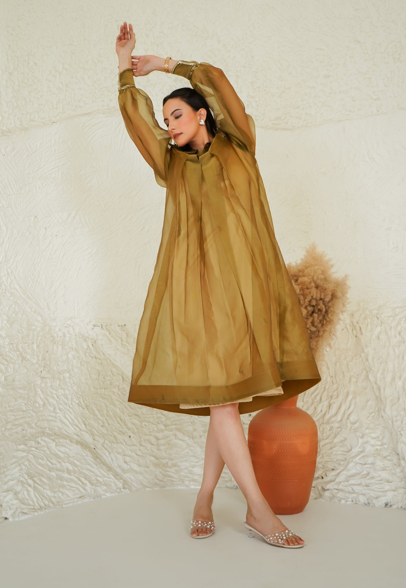 Golden Olive Sheer Flare Dress for Women | Elegant Evening Wear RUHM Golden Olive Sheer Flare Dress for Women | Elegant Evening Wear RUHM