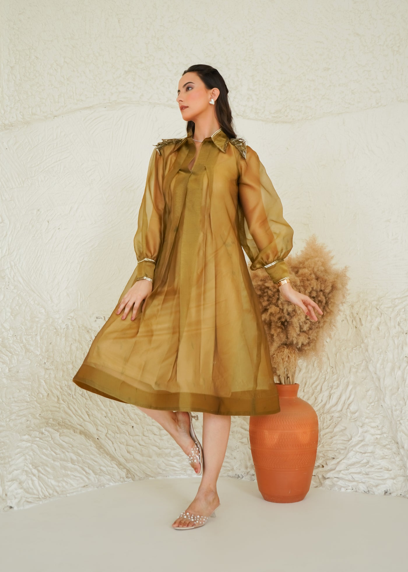 Golden Olive Sheer Flare Dress for Women | Elegant Evening Wear RUHM Golden Olive Sheer Flare Dress for Women | Elegant Evening Wear RUHM