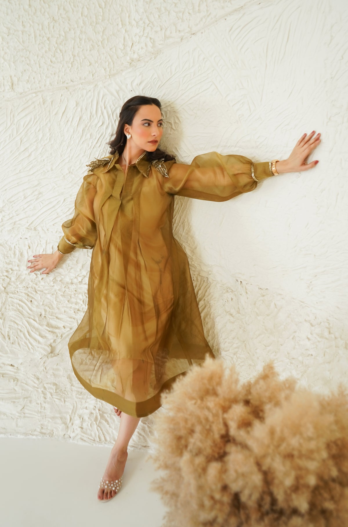 Golden Olive Sheer Flare Dress for Women | Elegant Evening Wear RUHM Golden Olive Sheer Flare Dress for Women | Elegant Evening Wear RUHM