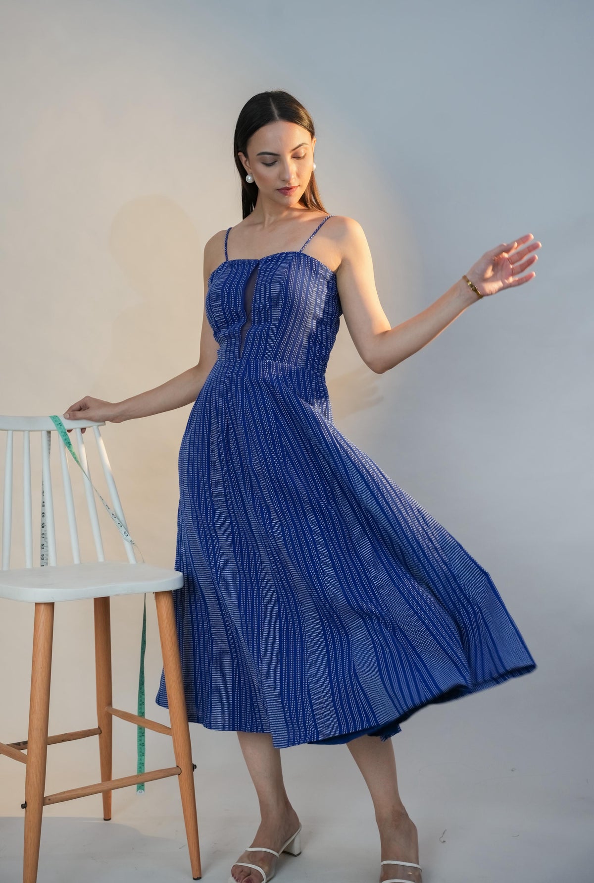 Blue mirage- Kantha spaghetti midi dress