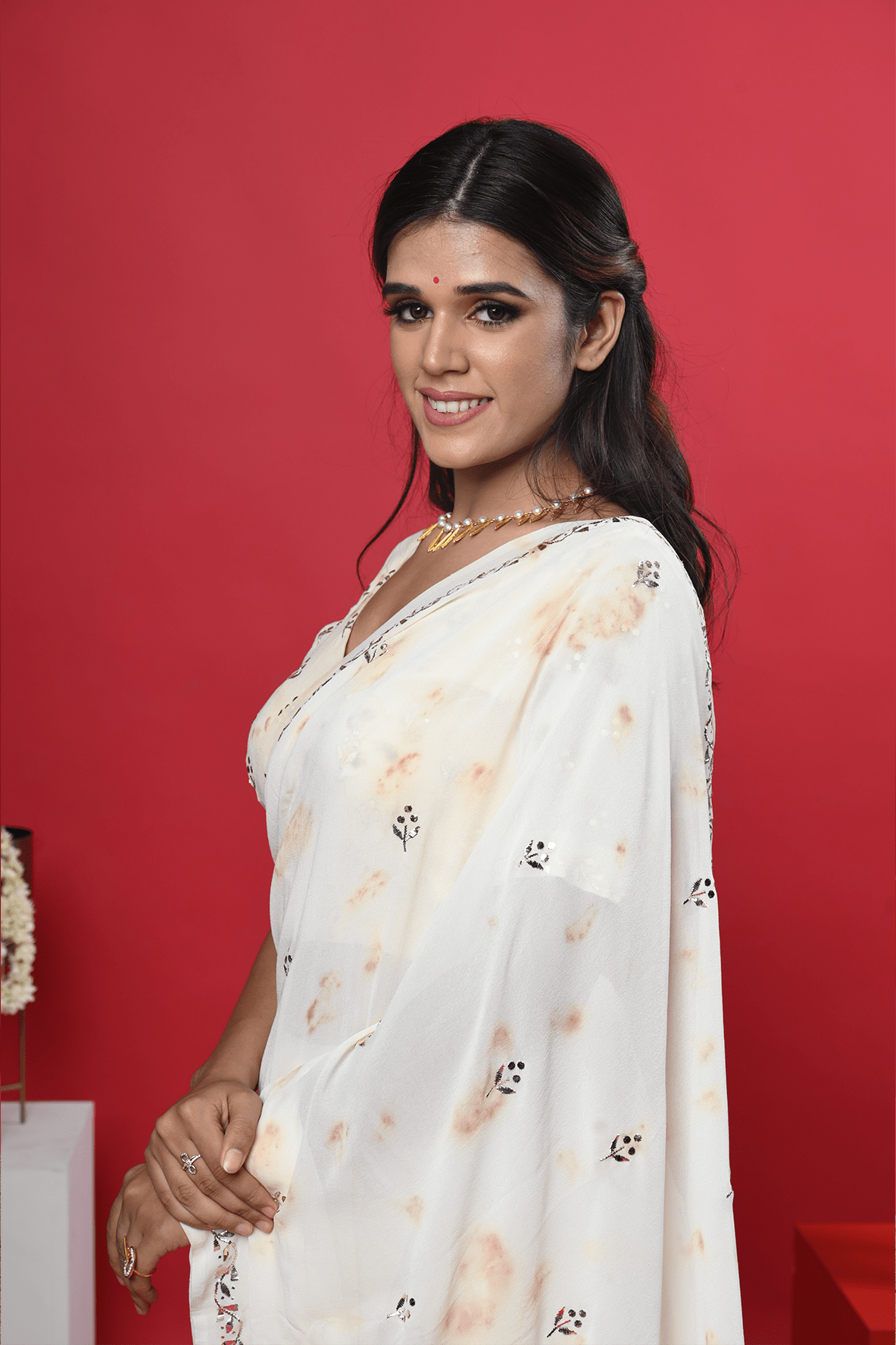 Hand-Dyed Off-White Saree with Mukaish Work